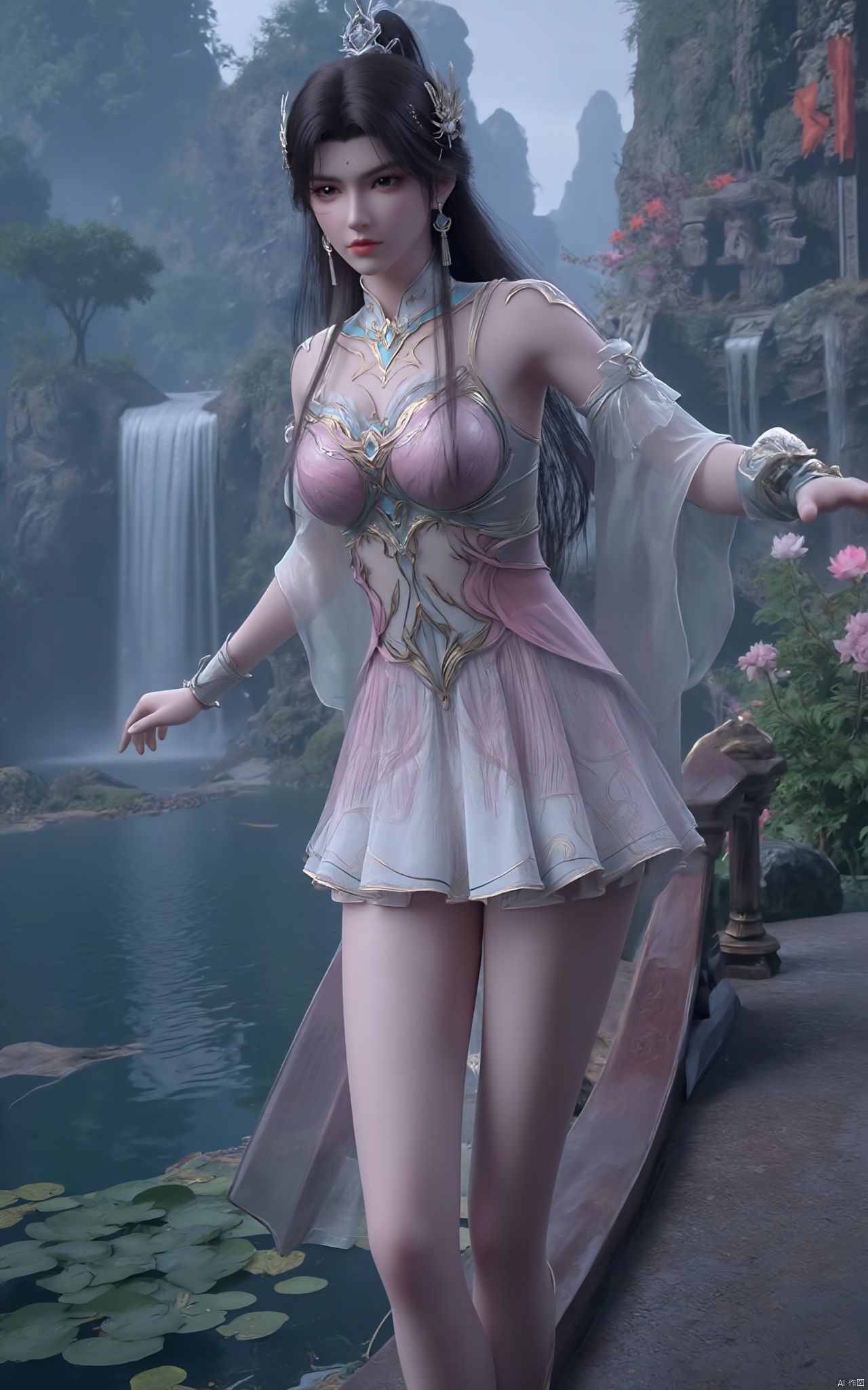 Masterpiece, best quality, high quality,1girl,(huge breasts:1.79),(pink lotus flowers:1.29),Xlinyuling,Xguxuner,Xmoli,Ancient Chinese architecture, gardens, rockery, waterfalls