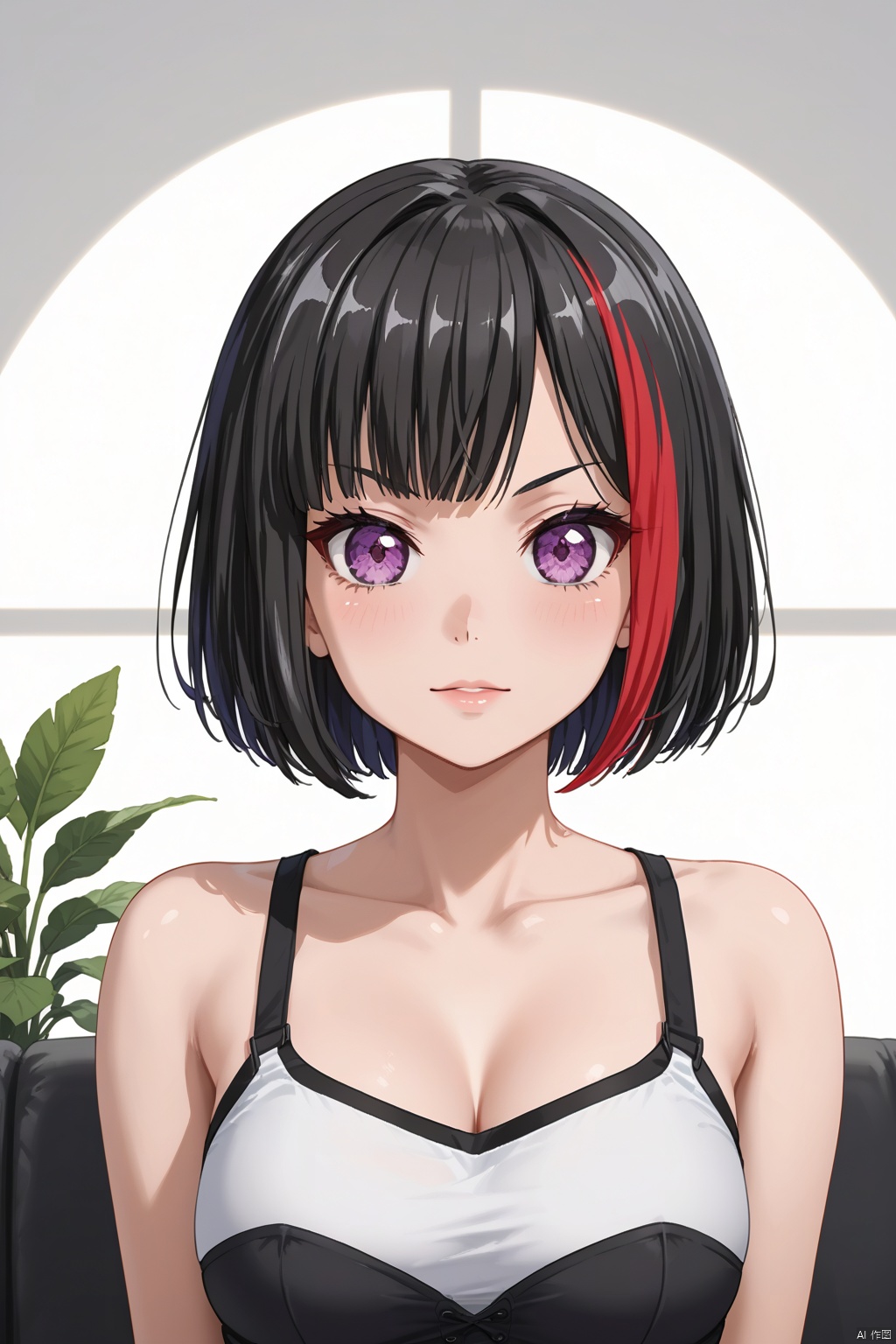 Mitake Ran

short hair

purple eyes,

multicolored hair

red hair

black hair

streaked hair,

bob cut