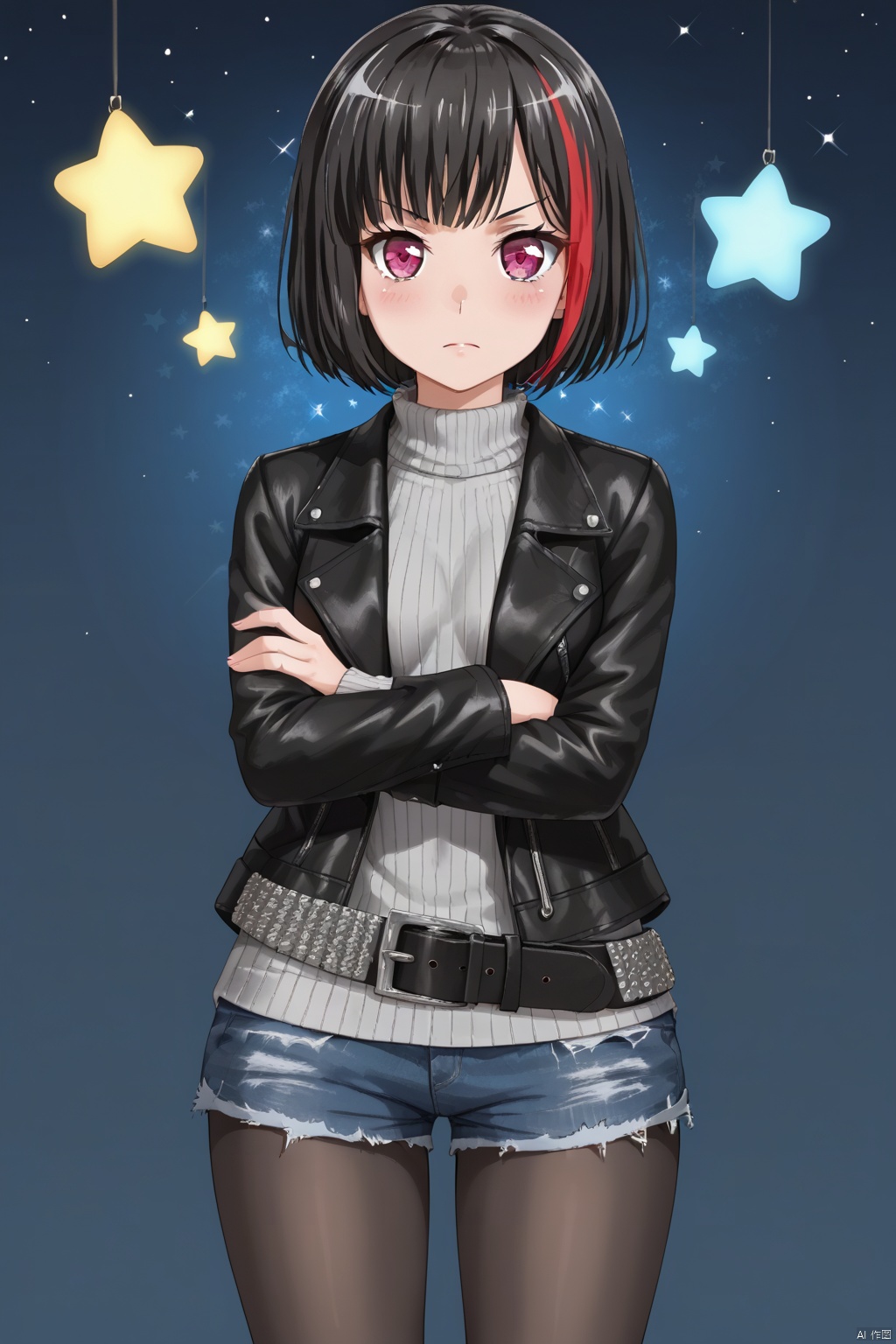 1girl, solo, looking at viewer, blush, short hair, bangs, black hair, red eyes, long sleeves, standing, purple eyes, jacket, full body, pantyhose, red hair, multicolored hair, shorts, striped, belt, star \(symbol\), sweater, streaked hair, black jacket, black pantyhose, short shorts, turtleneck, crossed arms, bob cut, denim, vertical stripes, ribbed sweater, denim shorts, legwear under shorts, leather, starry background, leather jacket, mitake ran,Mitake Ran