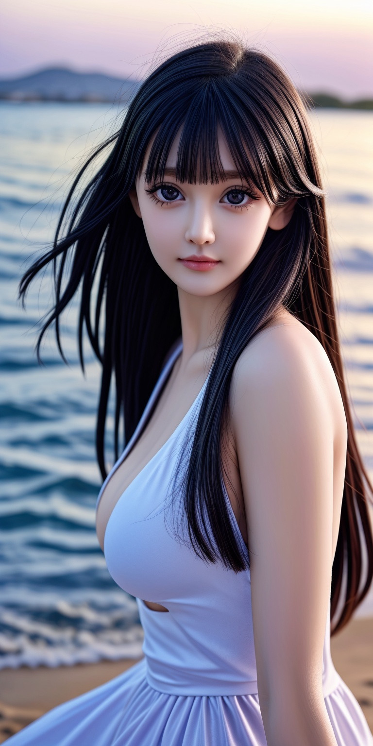 A close-up shot of a young girl with beautiful flowing long hair and mesmerizing eyes,  on a beach with pristine white san...