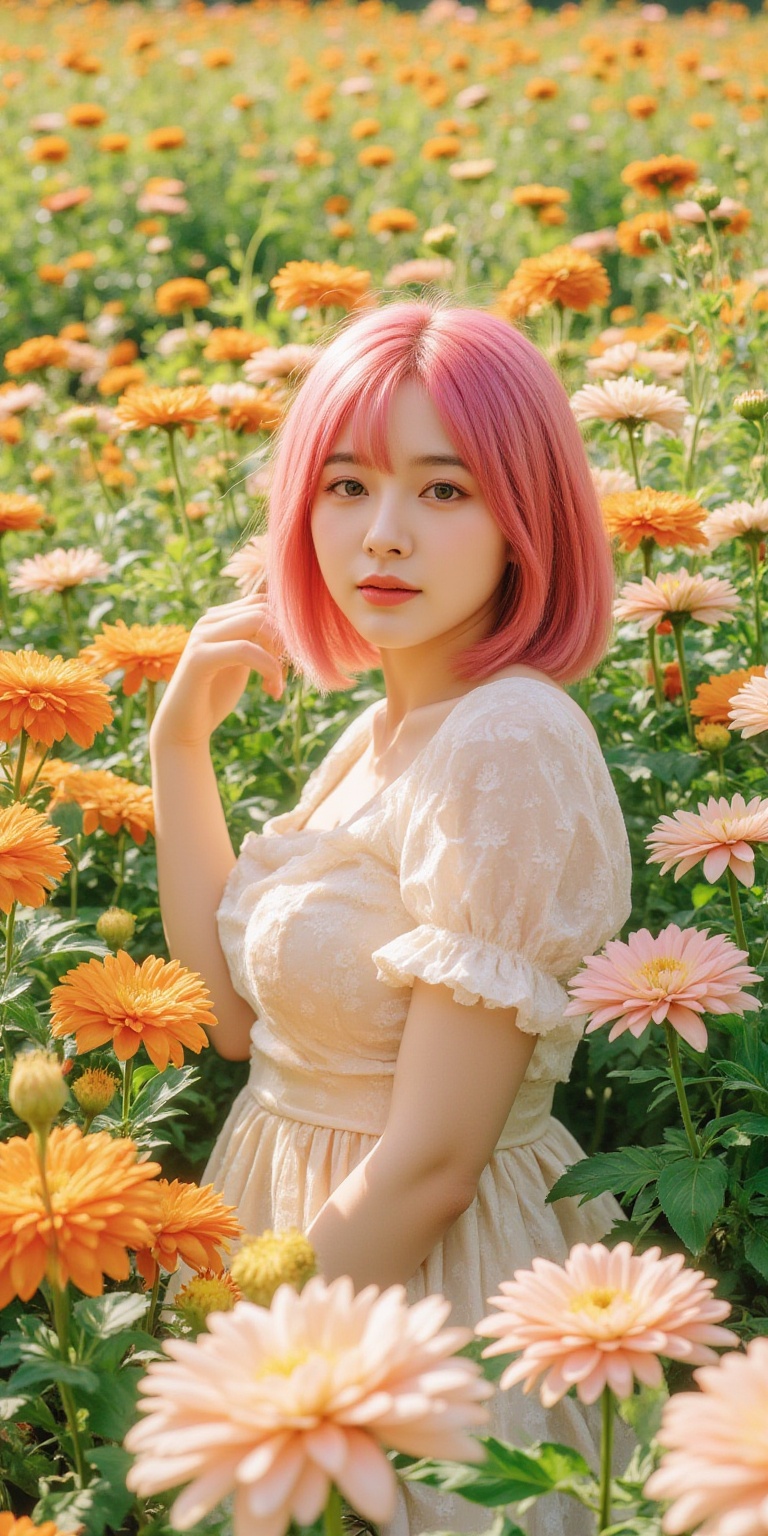 A whimsical portrait of a woman with vibrant pink hair,  dressed in a delicate doll-inspired dress,  surrounded by a sea o...