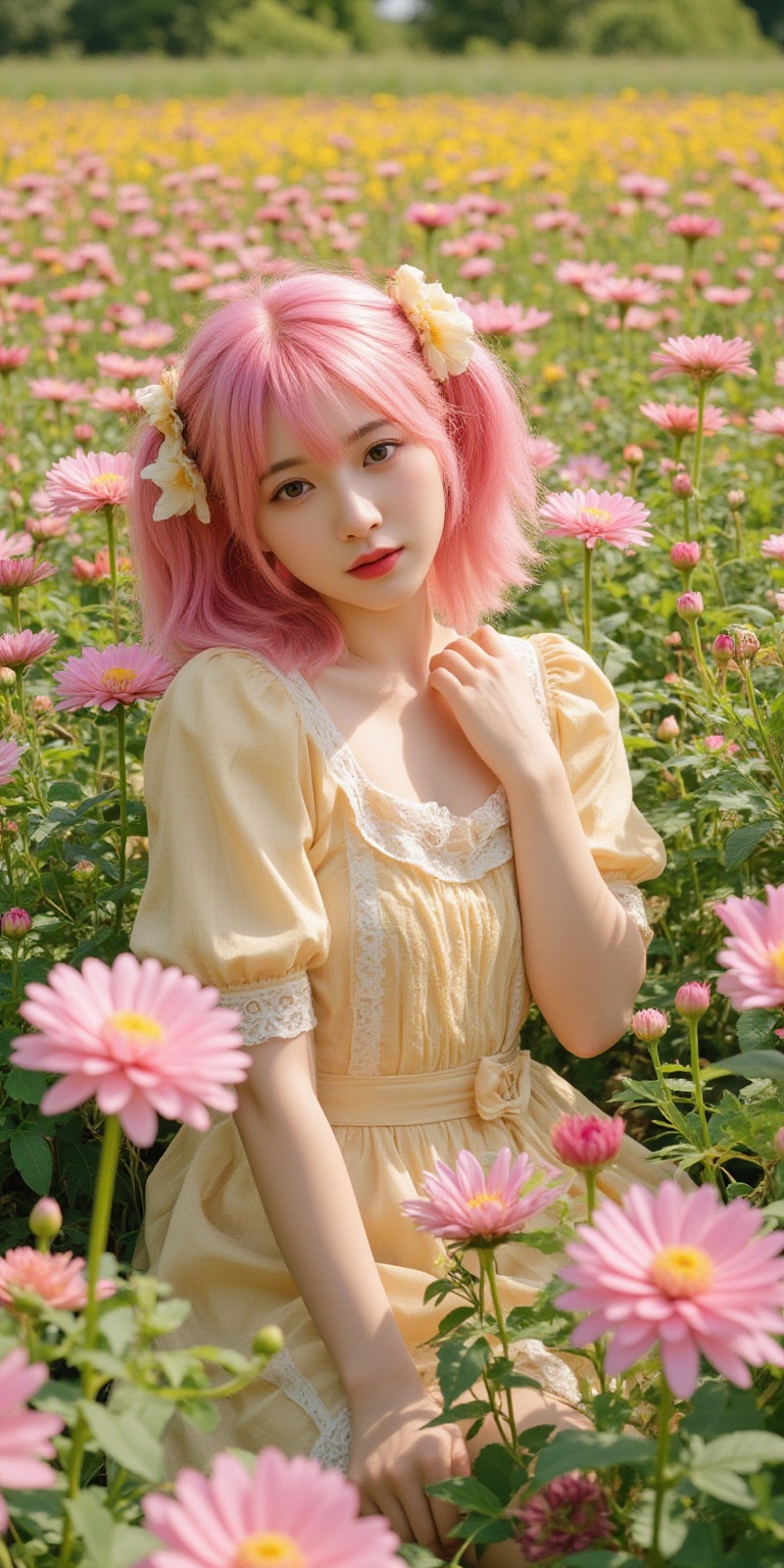 A whimsical portrait of a woman with vibrant pink hair,  dressed in a delicate doll-inspired dress,  surrounded by a sea o...