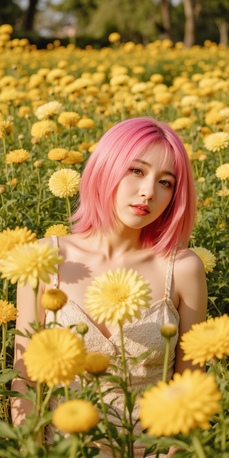 A whimsical scene unfolds: a woman with vibrant pink hair,  donning a delicate doll dress,  poses amidst a lush chrysanthe...