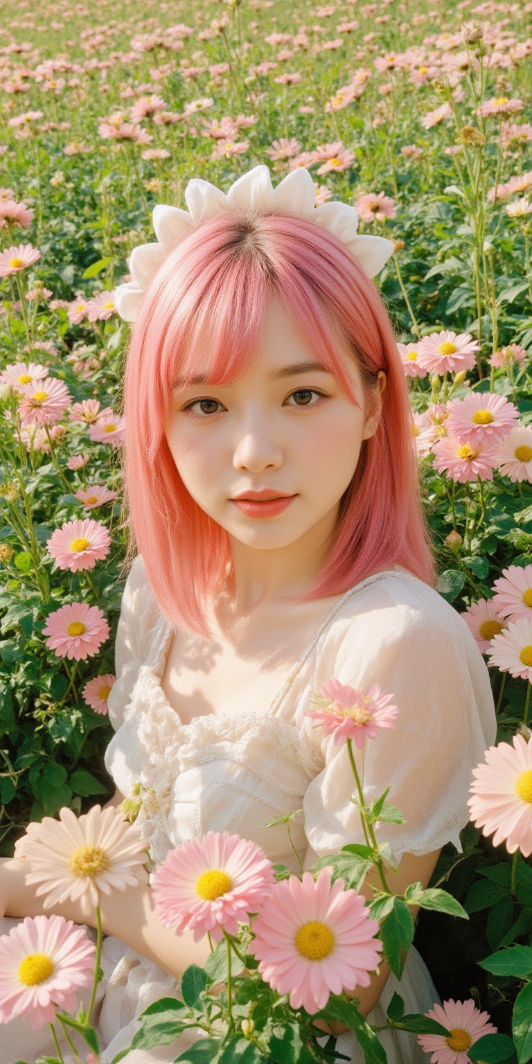 A whimsical portrait of a woman with vibrant pink hair,  dressed in a delicate doll-inspired dress,  surrounded by a sea o...