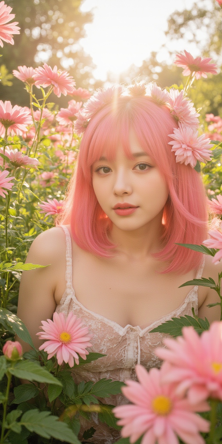 A whimsical portrait of a woman with vibrant pink hair,  set against a radiant backdrop of blooming chrysanthemums in full...