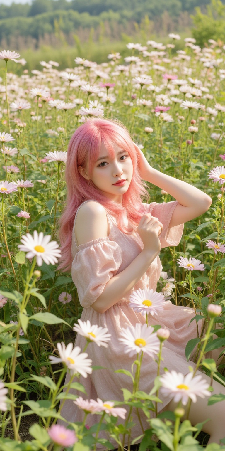 A whimsical portrait of a woman with vibrant pink hair,  dressed in a delicate doll-inspired dress,  surrounded by a sea o...