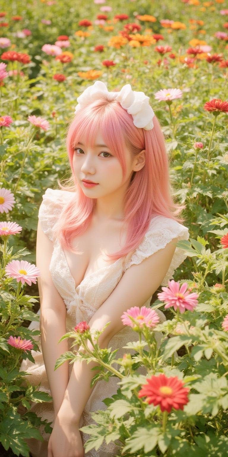 A whimsical portrait of a woman with vibrant pink hair,  dressed in a delicate doll-inspired dress,  surrounded by a sea o...