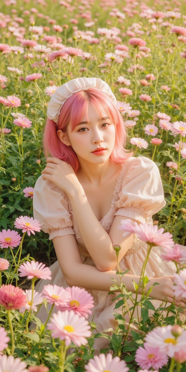 A whimsical portrait of a woman with vibrant pink hair,  dressed in a delicate doll-inspired dress,  surrounded by a sea o...