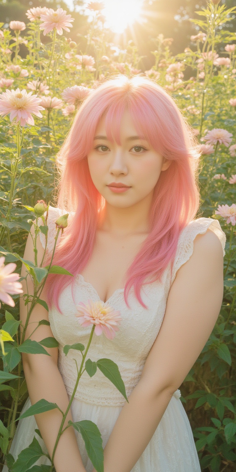A whimsical portrait of a woman with vibrant pink hair,  set against a radiant backdrop of blooming chrysanthemums in full...