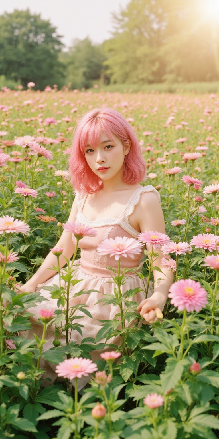 A whimsical portrait of a woman with vibrant pink hair,  dressed in a delicate doll-inspired dress,  surrounded by a sea o...