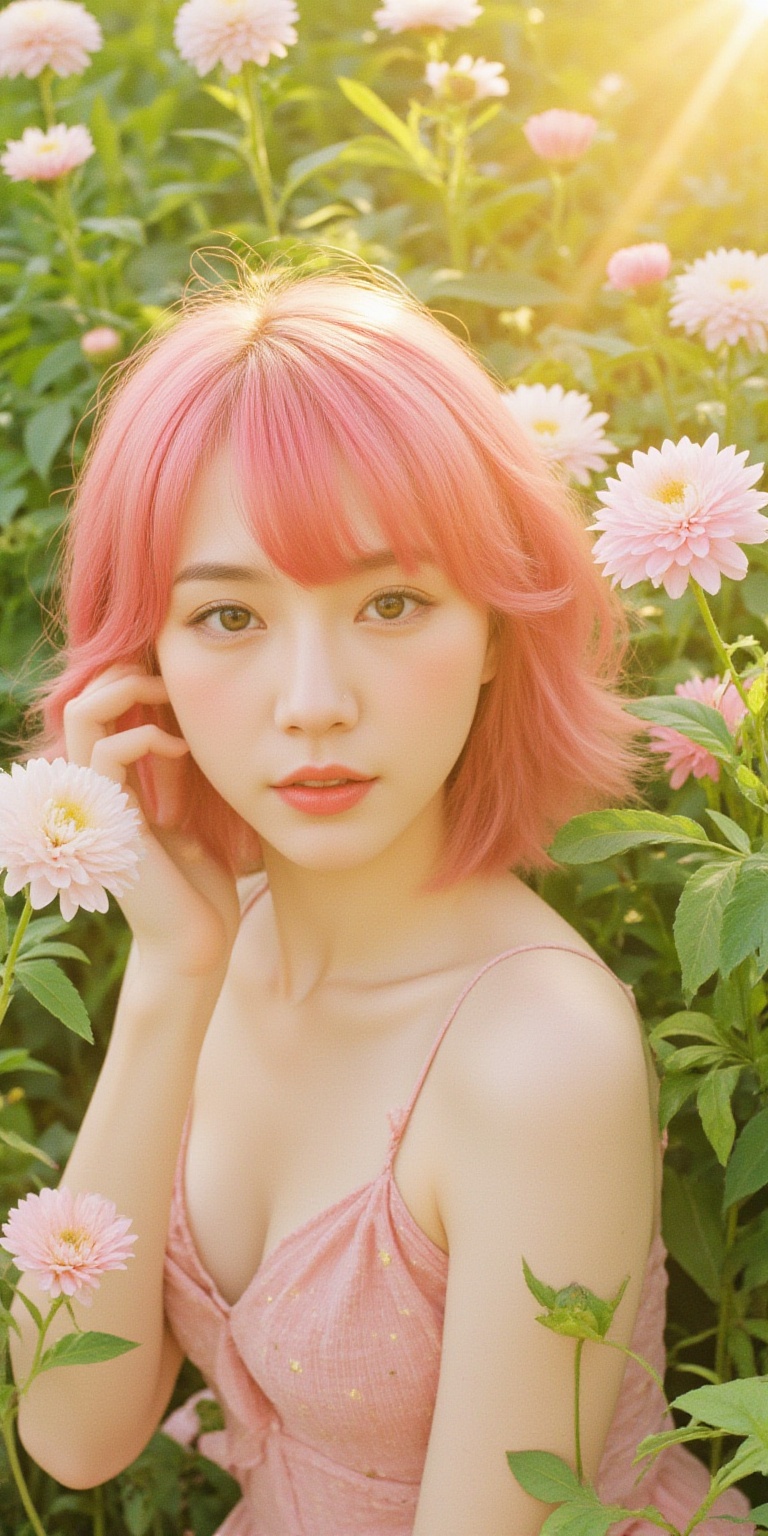 A whimsical portrait of a woman with vibrant pink hair,  set against a radiant backdrop of blooming chrysanthemums in full...