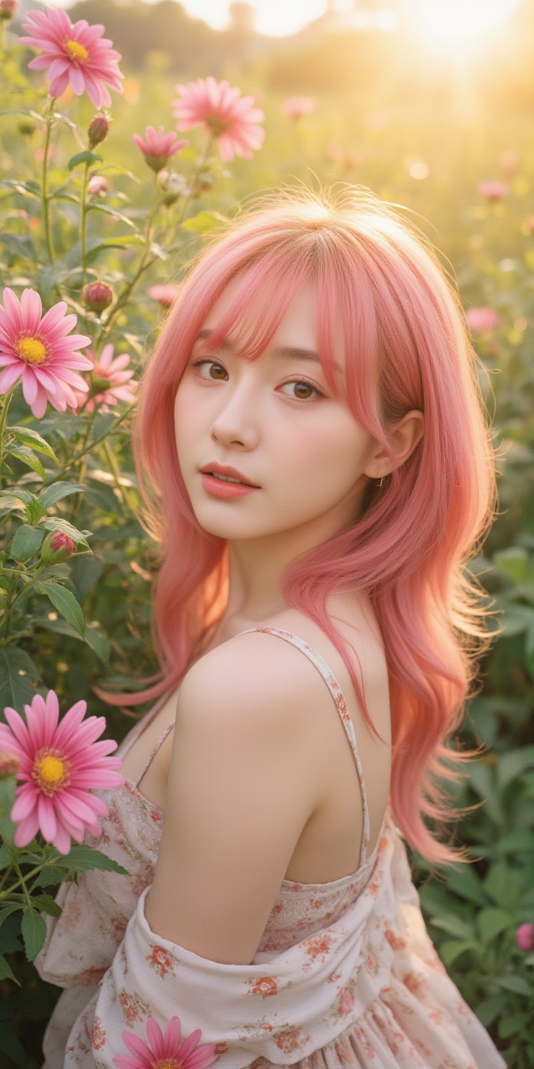 A whimsical portrait of a woman with vibrant pink hair,  set against a radiant backdrop of blooming chrysanthemums in full...