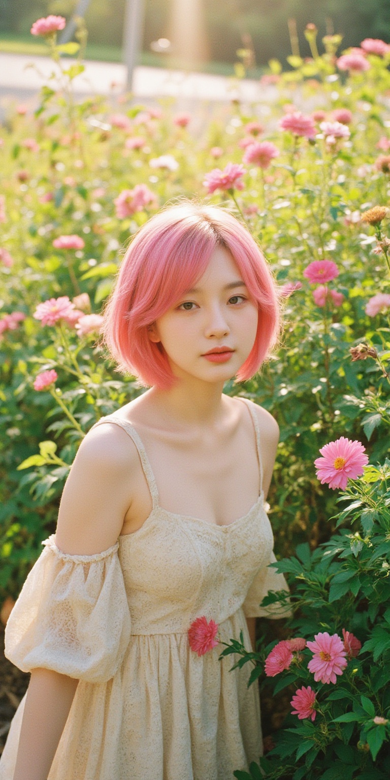 A whimsical portrait of a woman with vibrant pink hair,  set against a radiant backdrop of blooming chrysanthemums in full...