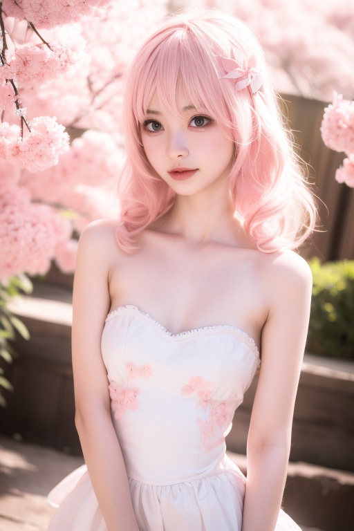 Light pink hair,  pink eyes,  pink and white on Tensor.Art