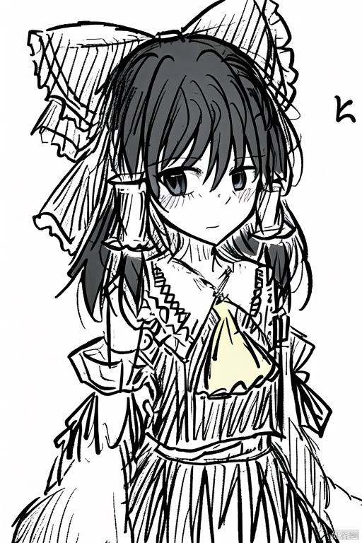 simple background,hakurei reimu,1girl,hair bow,red bow,detached sleeves,solo,hair tubes,simple background,looking at viewer,frilled bow,red skirt,sidelocks,wide sleeves,bare shoulders,blush,yellow ascot,ribbon-trimmed sleeves,hakurei_reimu,hair_bow,red_bow,blackeyes,cute,white background,greyscale,black and white line drawing,lineart,