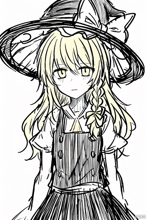 simple background,kirisame_marisa,witch_hat,kirisame_marisa,hat,blonde_hair,solo,braid,yellow_eyes,long_hair,witch_hat,single_braid,white_bow,hair_bow,black_skirt,white background,greyscale,black and white line drawing,lineart