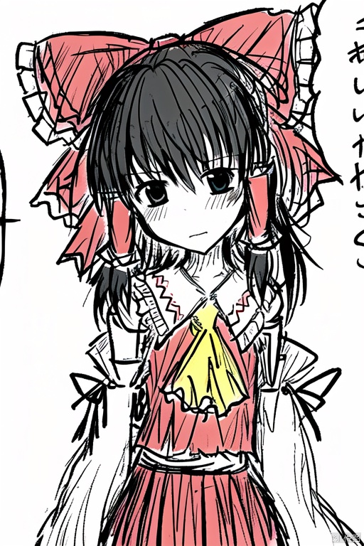 simple background,hakurei reimu,1girl,hair bow,red bow,detached sleeves,solo,hair tubes,simple background,looking at viewer,frilled bow,red skirt,sidelocks,wide sleeves,bare shoulders,blush,yellow ascot,ribbon-trimmed sleeves,hakurei_reimu,hair_bow,red_bow,blackeyes,cute,white background,greyscale,black and white line drawing,lineart,