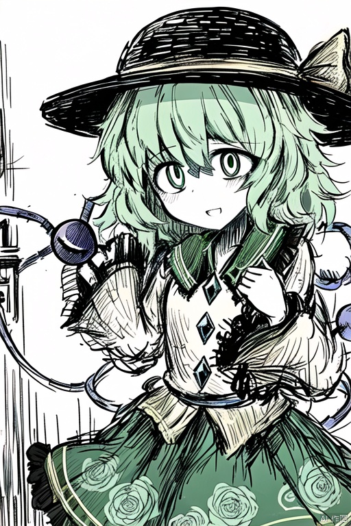 ,simple background,komeiji koishi,1girl, hat,hat bow,green hair,green eyes,yellow shirt,green skirt,,long sleeves, wide sleeves, floral print,third eye,eyeball,cute,white background,greyscale,black and white line drawing,lineart