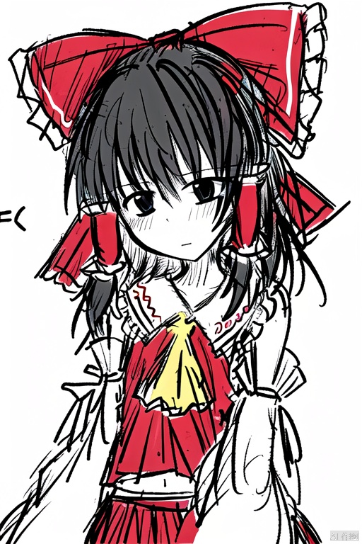 simple background,hakurei reimu,1girl,hair bow,red bow,detached sleeves,solo,hair tubes,simple background,looking at viewer,frilled bow,red skirt,sidelocks,wide sleeves,bare shoulders,blush,yellow ascot,ribbon-trimmed sleeves,hakurei_reimu,hair_bow,red_bow,blackeyes,cute,white background,greyscale,black and white line drawing,lineart,