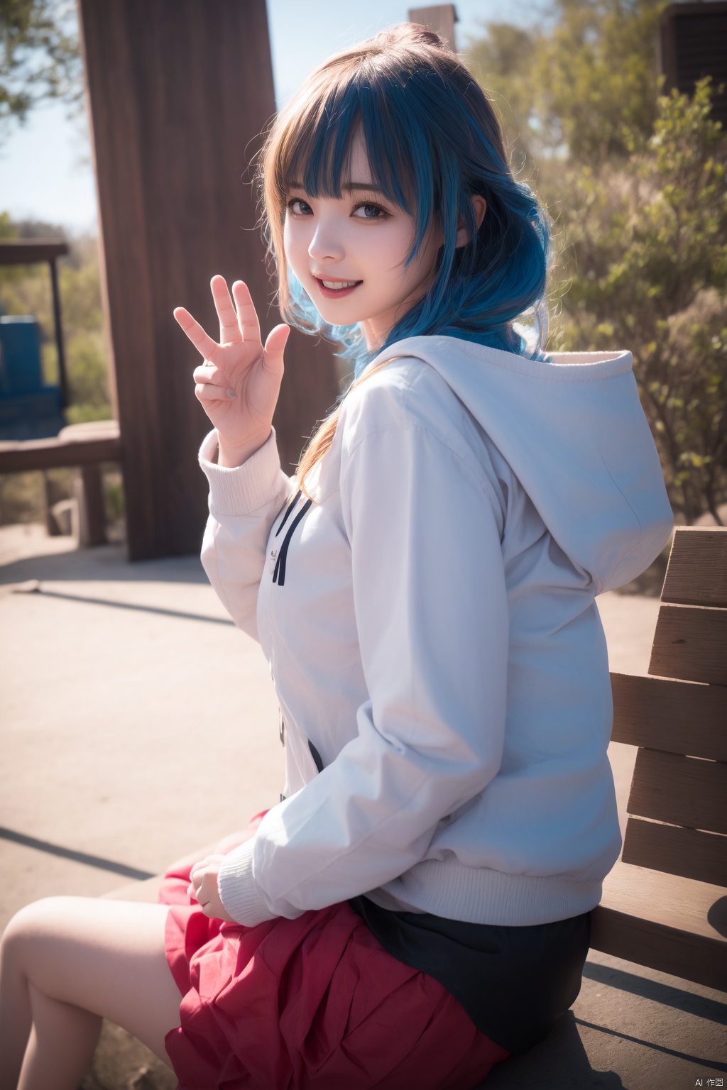 1girl, solo, long hair, breasts, looking at viewer, blush, smile, open mouth, bangs, blue eyes, skirt, blonde hair, shirt, long sleeves, hair between eyes, sitting, very long hair, blue hair, jacket, white shirt, :d, multicolored hair, pleated skirt, outdoors, open clothes, sky, day, cloud, hand up, hood, miniskirt, from side, two-tone hair, open jacket, tree, blue sky, symbol-shaped pupils, hoodie, hood down, hooded jacket, red jacket, pink skirt, curly hair, waving, bench, cross-shaped pupils, on bench, nia teppelin