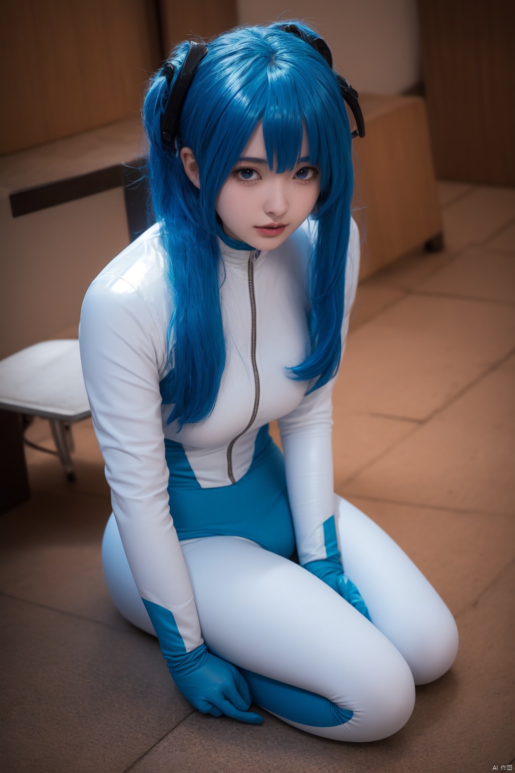1girl, solo, long hair, breasts, looking at viewer, bangs, blue eyes, gloves, medium breasts, sitting, blue hair, full body, indoors, lips, cosplay, bodysuit, alternate hairstyle, wariza, reflection, realistic, nose, on floor, pilot suit, plugsuit, white bodysuit, interface headset, hairpods, reflective floor, souryuu asuka langley, ayanami rei