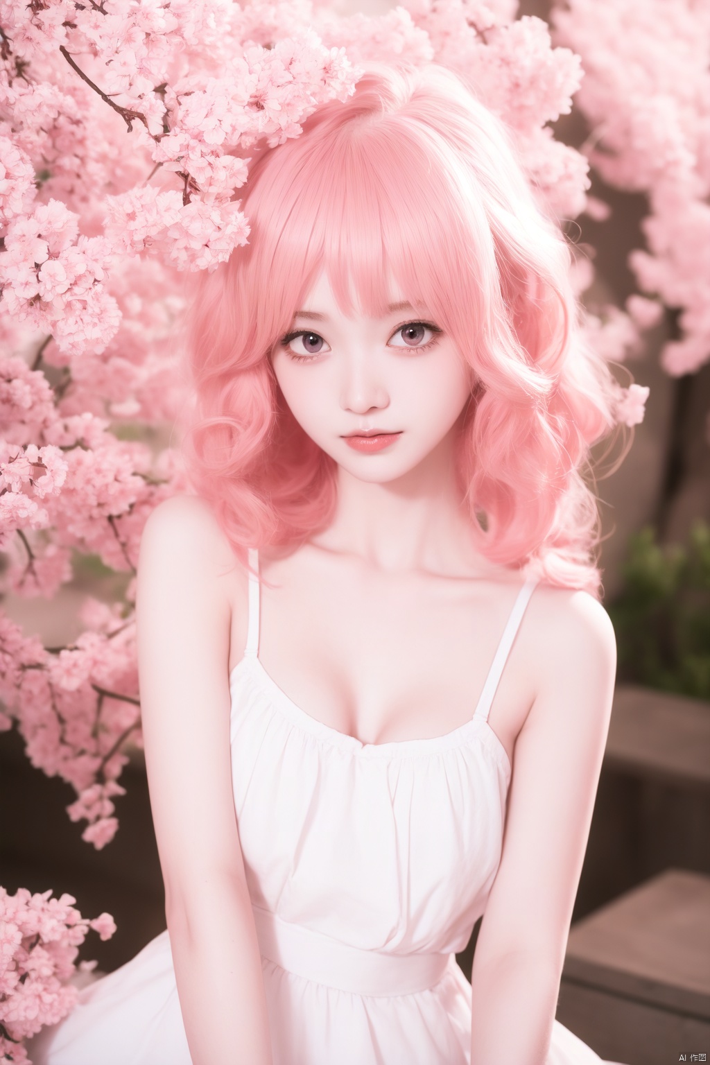 Light pink hair, pink eyes, pink and white, sakura leafs, vivid colors, white dress, paint splash, simple background, ray tracing, wavy hair