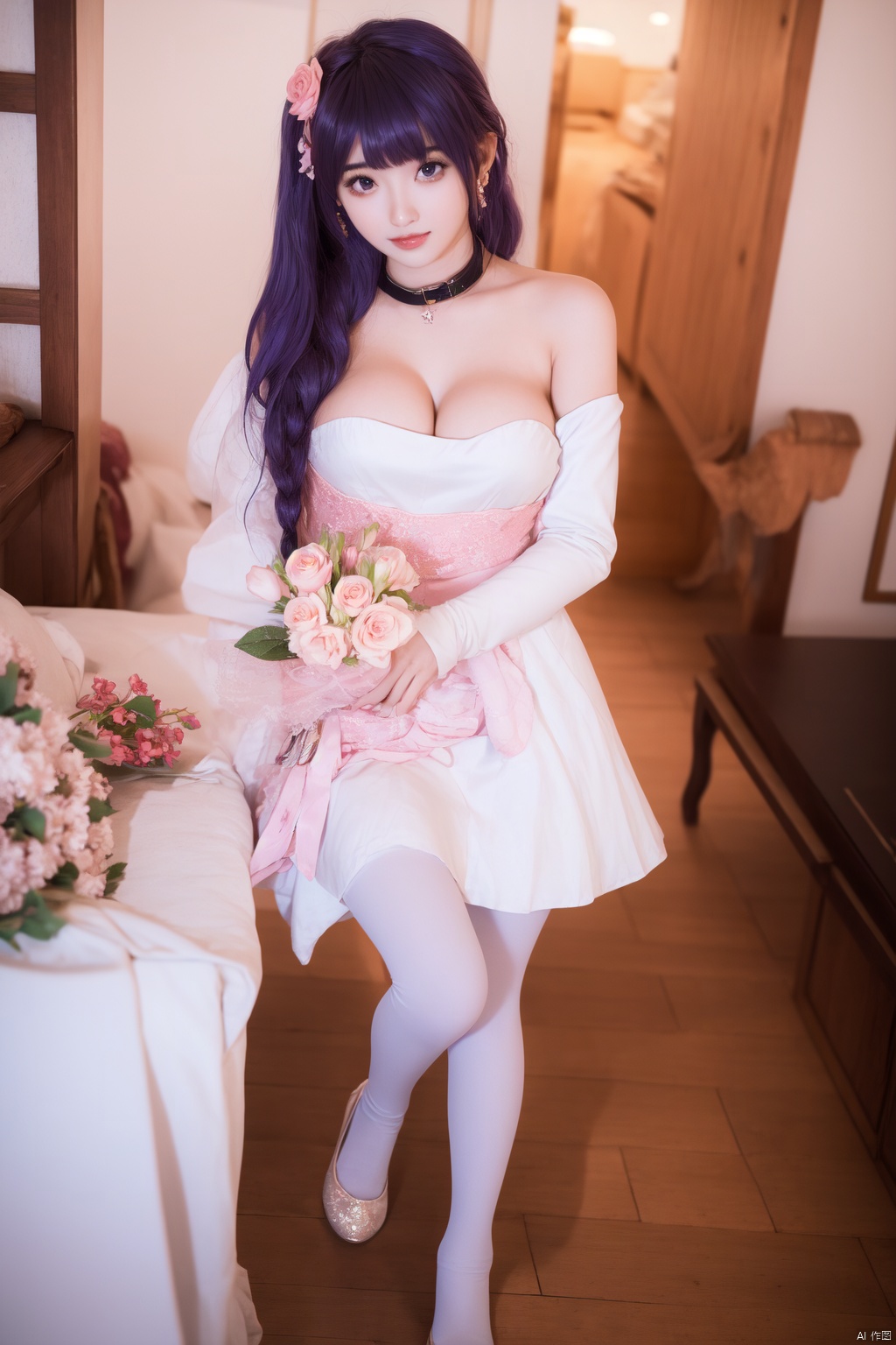 1girl, solo, long hair, breasts, looking at viewer, bangs, dress, holding, bare shoulders, jewelry, sitting, very long hair, blue hair, purple eyes, purple hair, braid, flower, pantyhose, earrings, detached sleeves, puffy sleeves, indoors, hair bun, white dress, high heels, window, strapless, double bun, detached collar, rose, couch, strapless dress, pink flower, white pantyhose, bouquet, holding bouquet