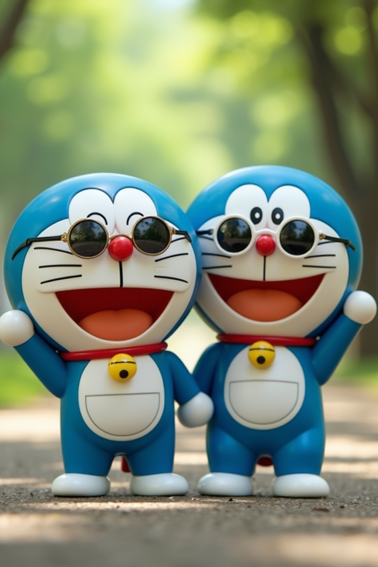 Doraemon and Nobita wearing round-shaped sunglasses,  standing together with playful expressions,  the shot framed from th...