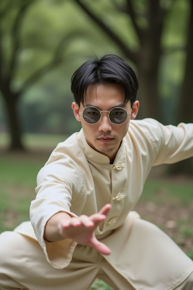 A kungfu man wearing round-shaped sunglasses,  performing a tai chi move in action,  the shot framed from a low angle to c...