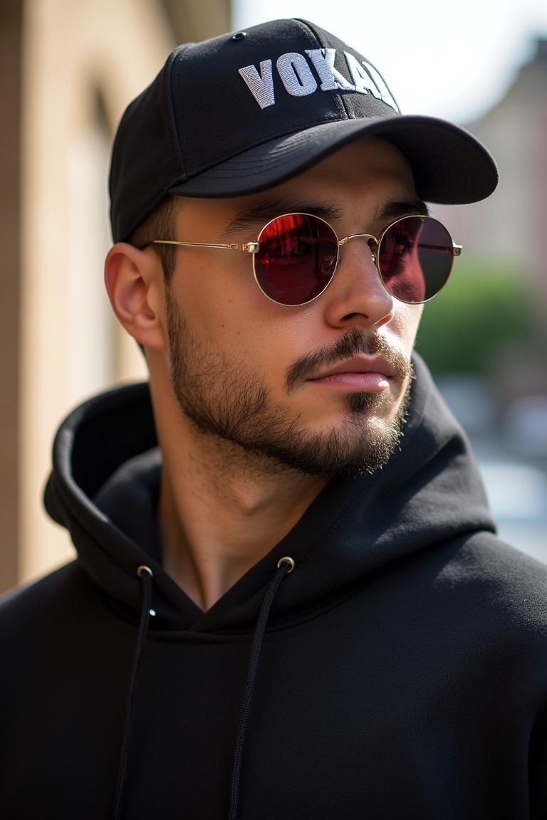 A man wearing round-shaped sunglasses,  a hoodie,  and a cap with VOKAB written on it on Tensor.Art