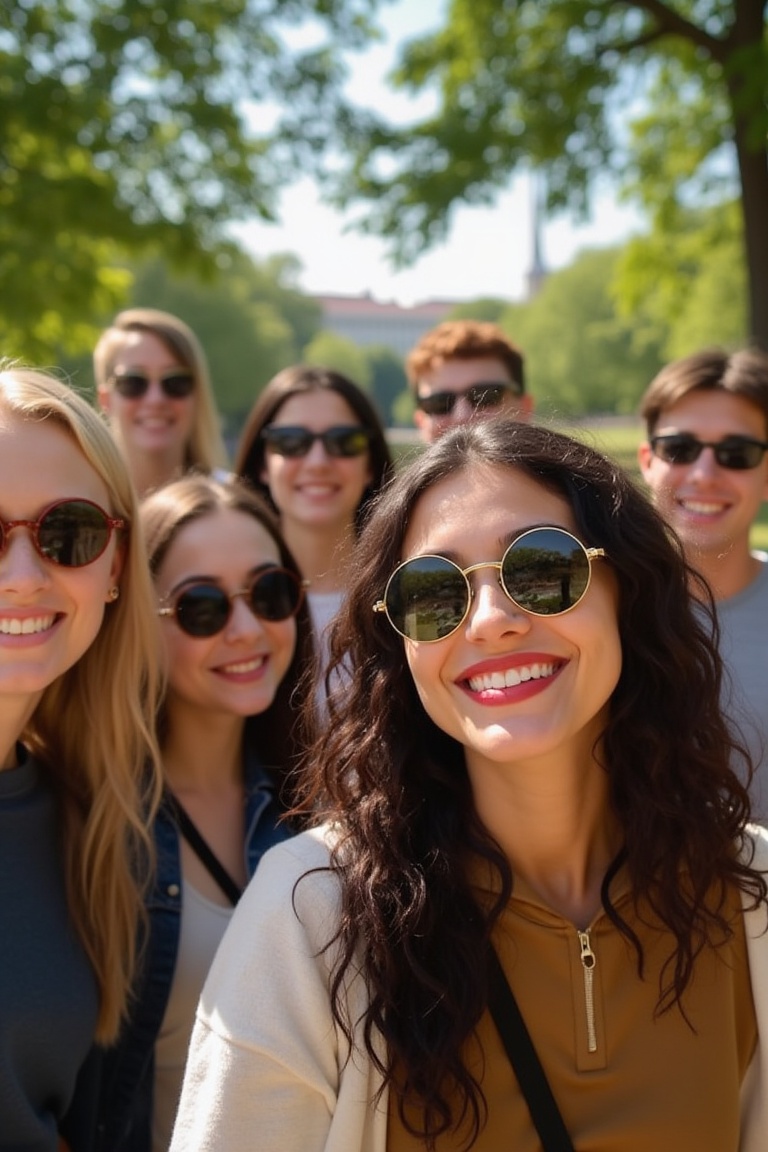 A group of university students wearing round-shaped sunglasses,  standing together on a campus lawn,  the shot framed from...