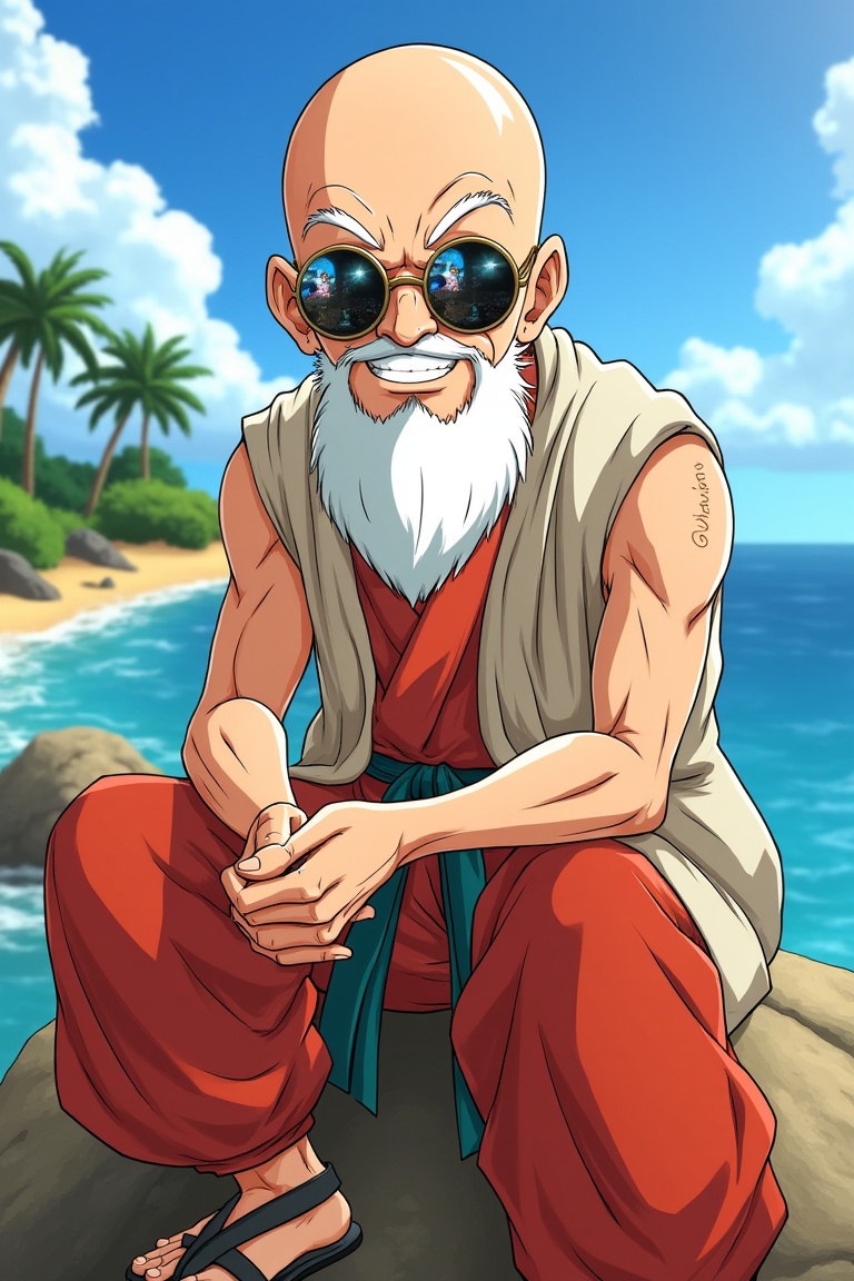 Master Roshi from Dragon Ball wearing round-shaped sunglasses,  sitting on a rock with a mischievous grin,  the shot frame...