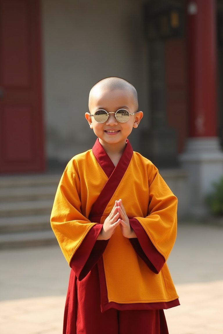 A Shaolin kid wearing round-shaped sunglasses,  standing in a traditional martial arts pose with a happy face,  the shot f...