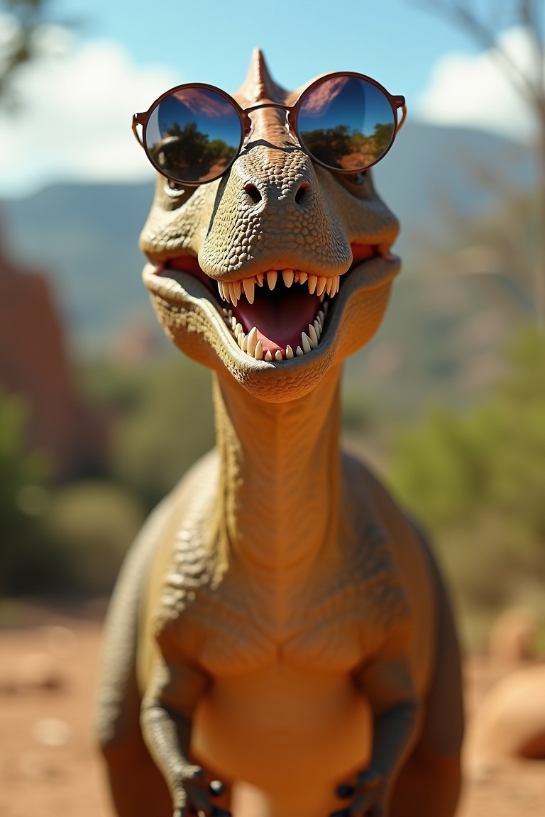 A dinosaur wearing round-shaped sunglasses,  standing with a happy expression,  the shot framed from the waist up on Tenso...
