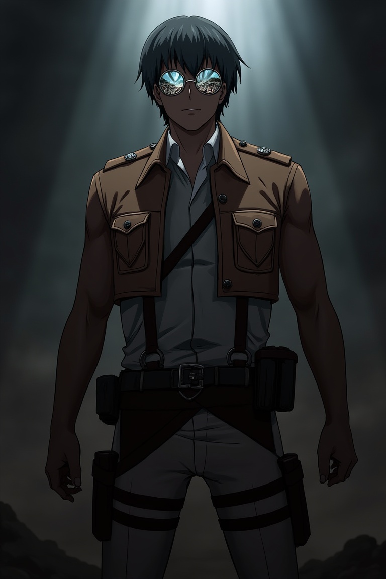 A character from Attack on Titan wearing round-shaped sunglasses,  standing in a tense and strategic pose,  the shot frame...