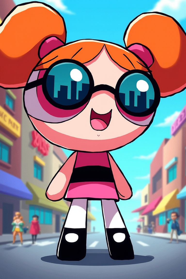 A Powerpuff Girl wearing round-shaped sunglasses,  standing with a confident and playful expression,  the shot framed from...