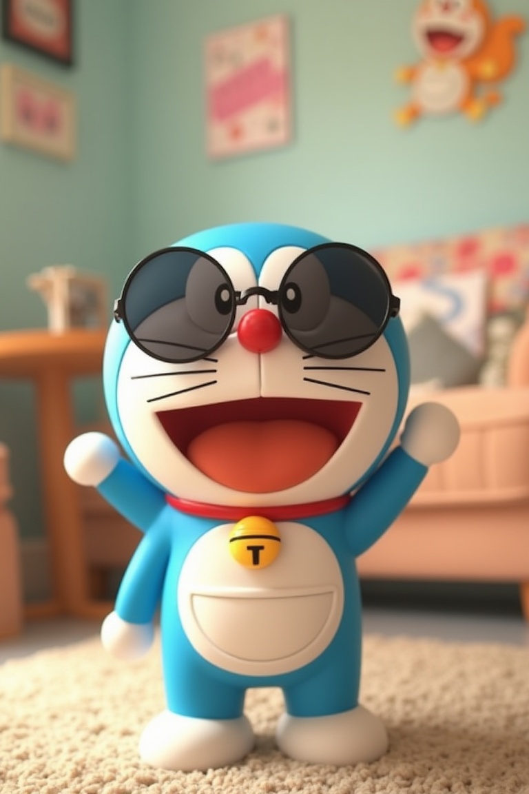 Doraemon wearing round-shaped sunglasses,  in a happy mood with a cheerful expression,  the shot framed from the waist up...