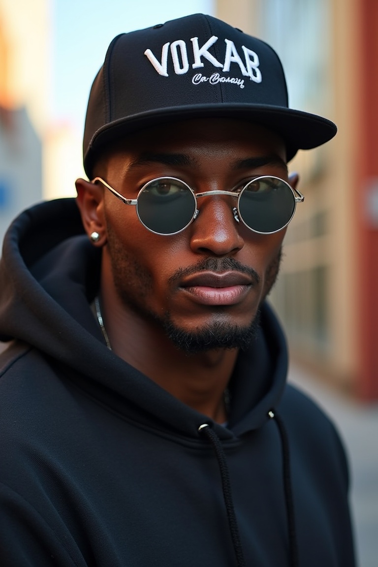 A man wearing round-shaped sunglasses,  a hoodie,  and a cap with VOKAB written on it on Tensor.Art