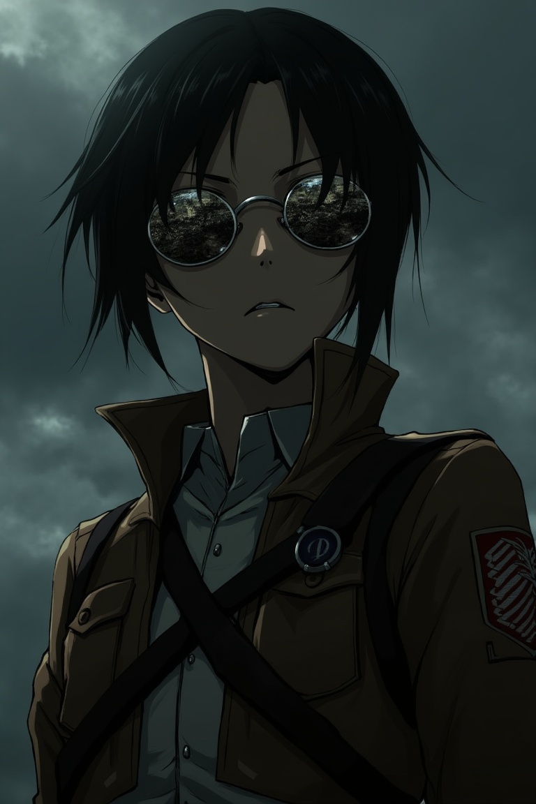 A character from Attack on Titan wearing round-shaped sunglasses,  standing in a tense and strategic pose,  the shot frame...