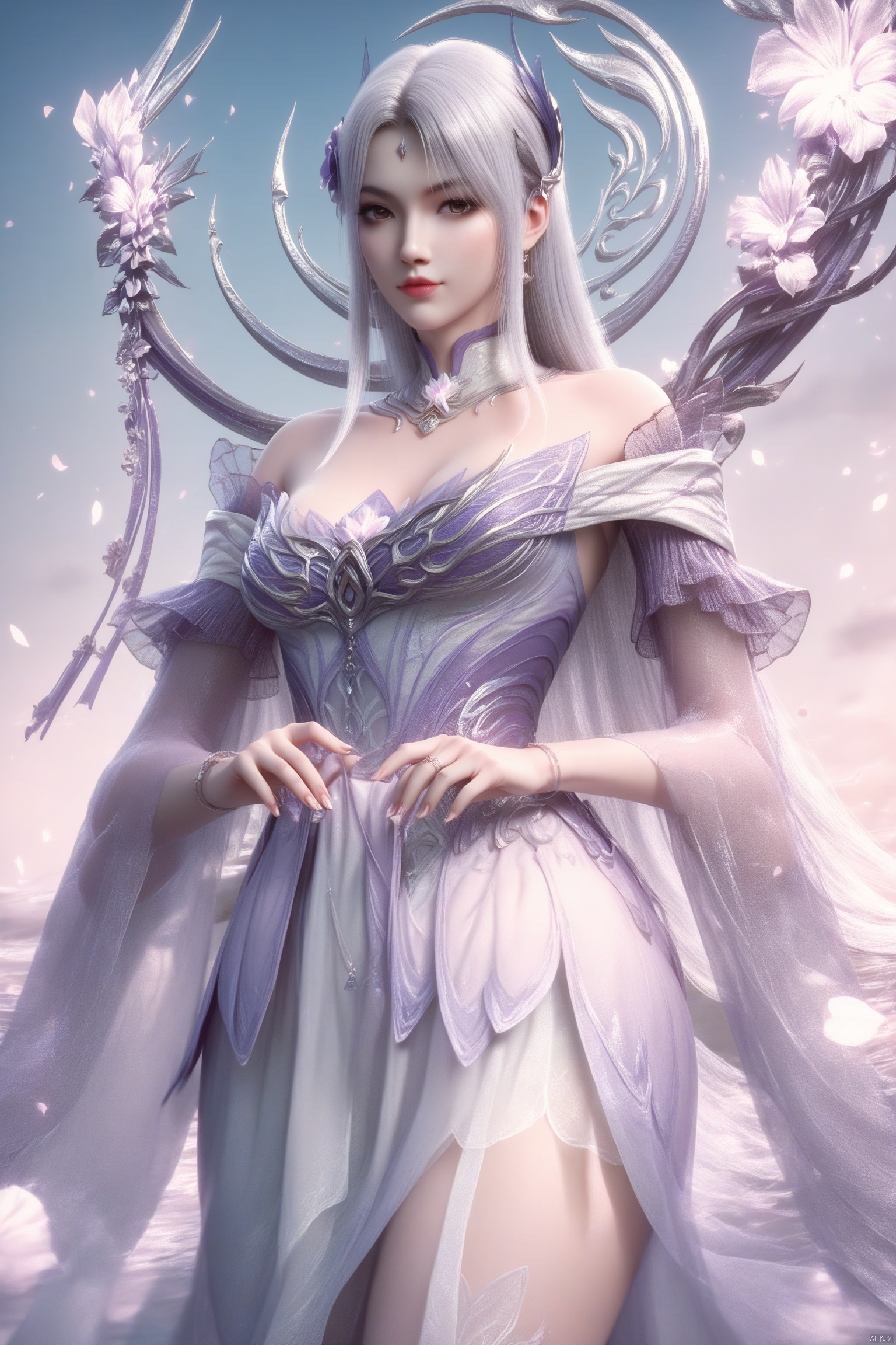 score_9, score_8_up, score_7_up,highly detailed digital,1girl, solo, long hair, breasts, up body,looking at viewer,dress 