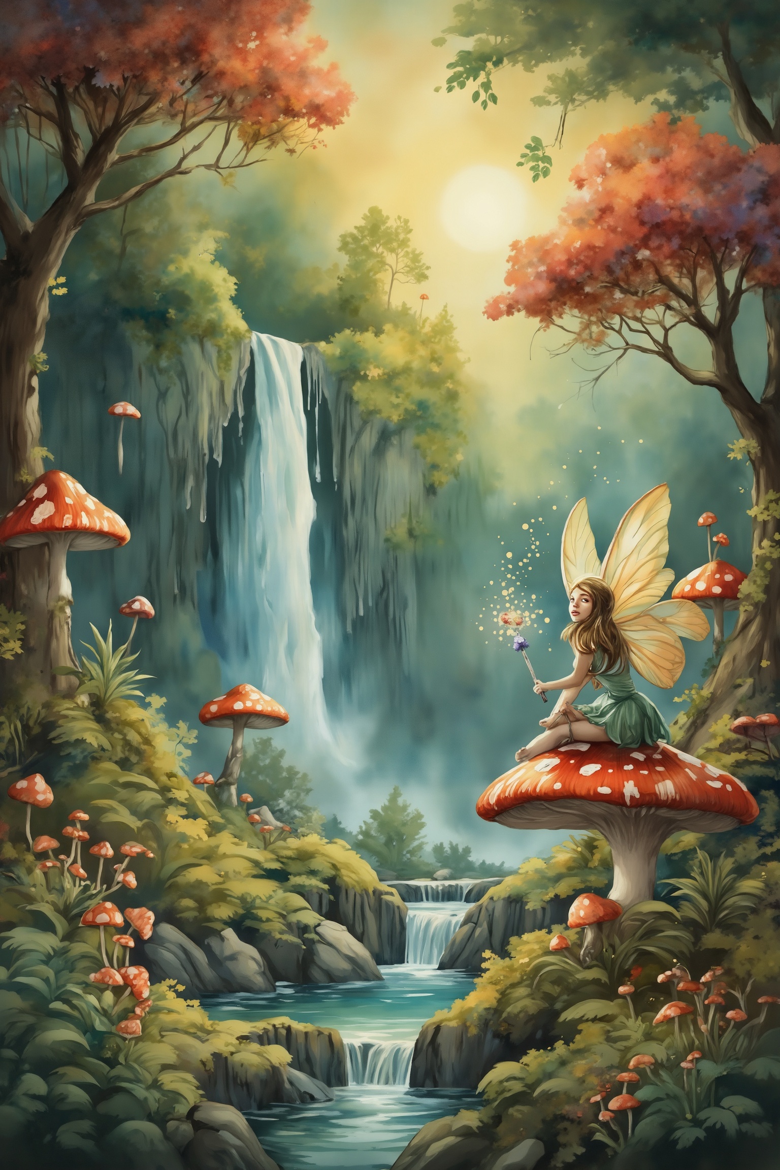 Watercolor style. A fantasy landscape with a dense forest and cascading waterfalls. In the foreground a fairy sits on a bi...