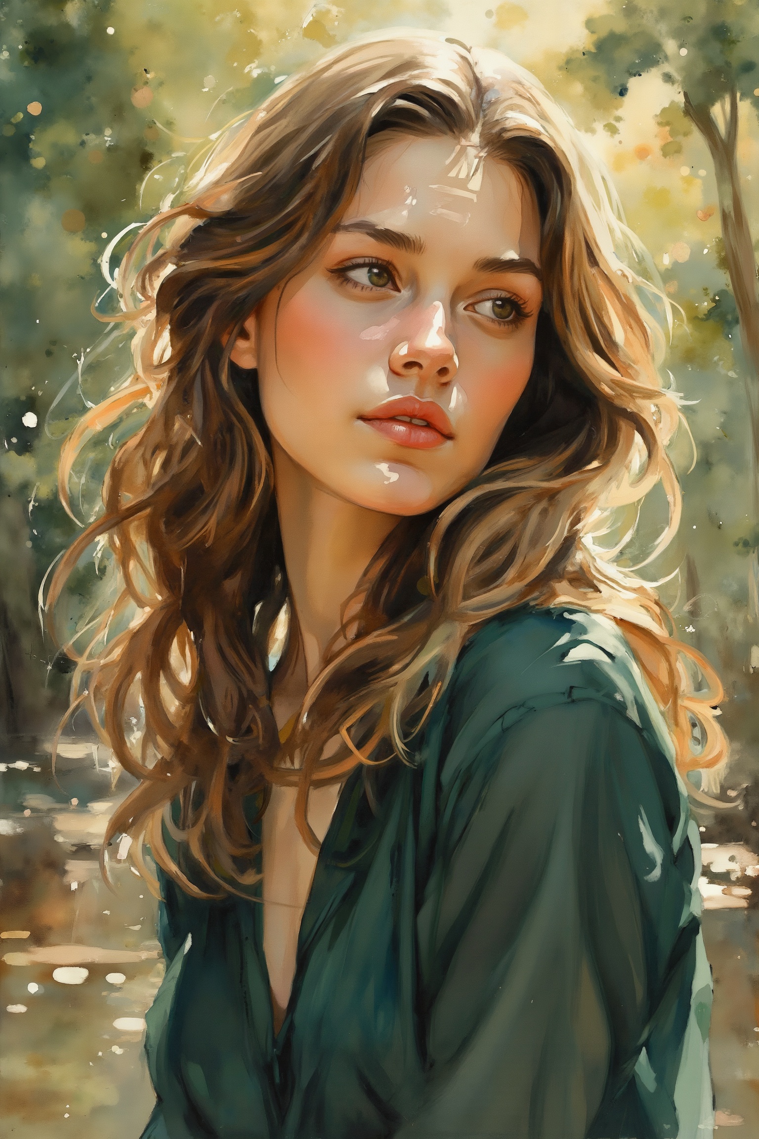Watercolor style portrait of a young woman with soft,  flowing hair. Her expression is thoughtful,  gazing slightly away f...