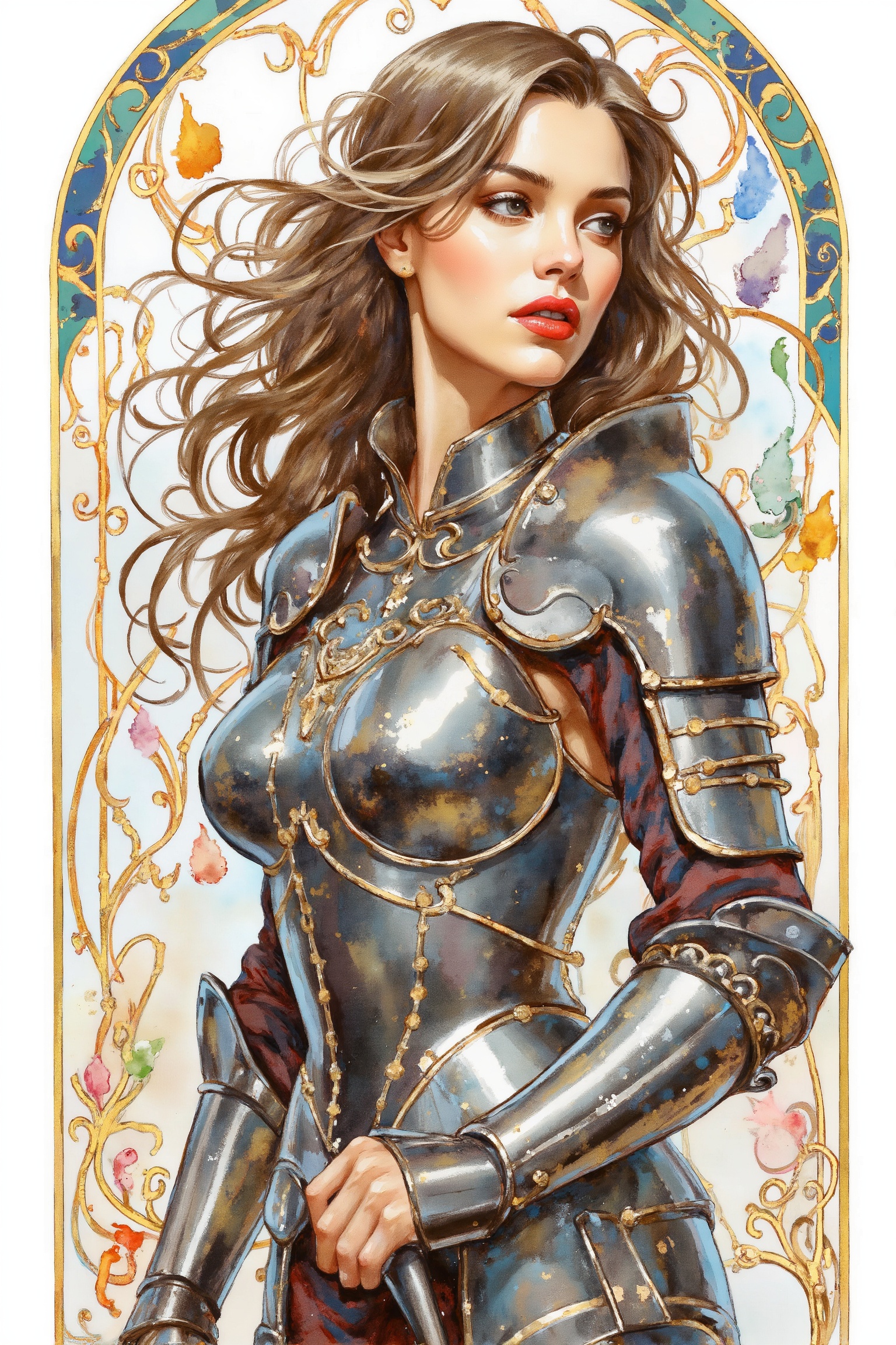 Watercolor style. A striking portrait of a beautiful young warrior woman,  wearing intricate yet revealing armor,  standin...
