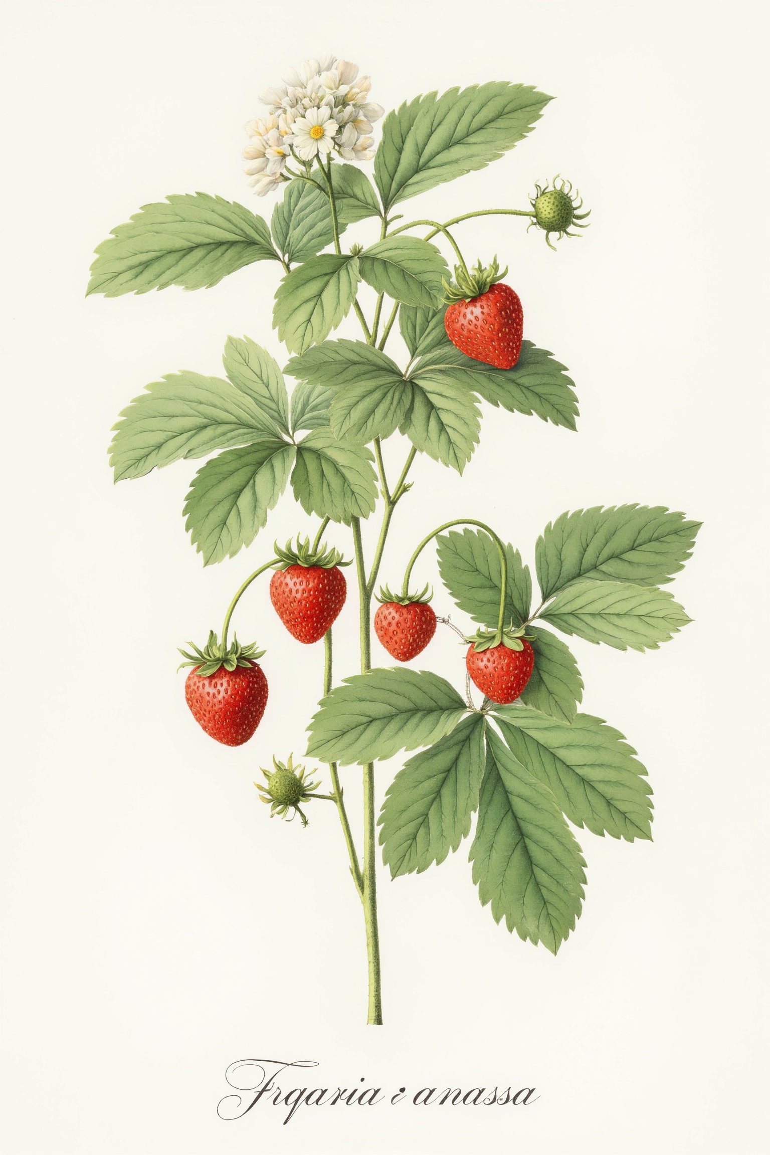 Watercolor style botanical illustration of a strawberry plant,  with lush green leaves and delicate white flowers in full...
