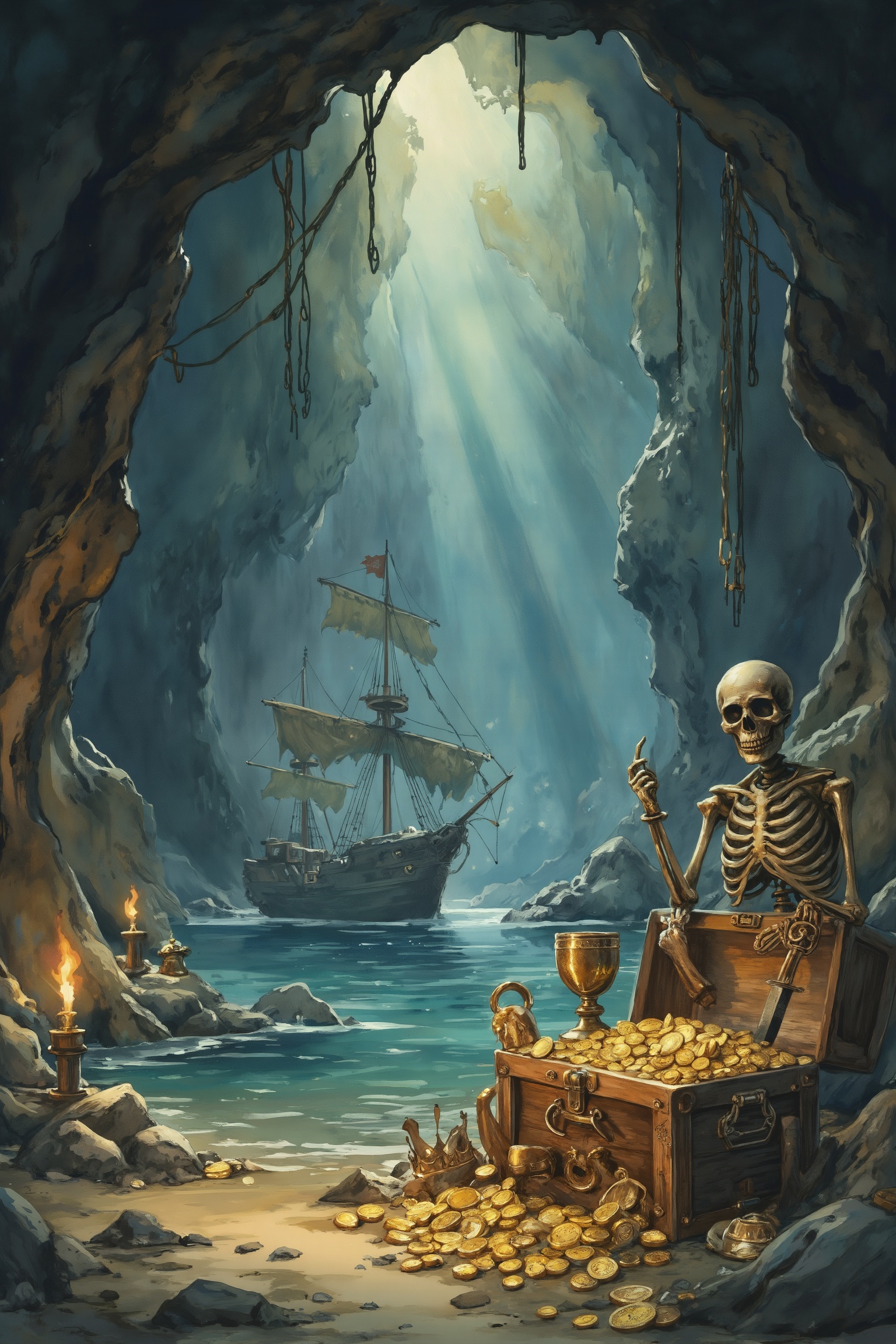 Watercolor style fantasy scene inside a vast,  echoing cave. In the foreground,  a treasure chest overflows with gold coin...