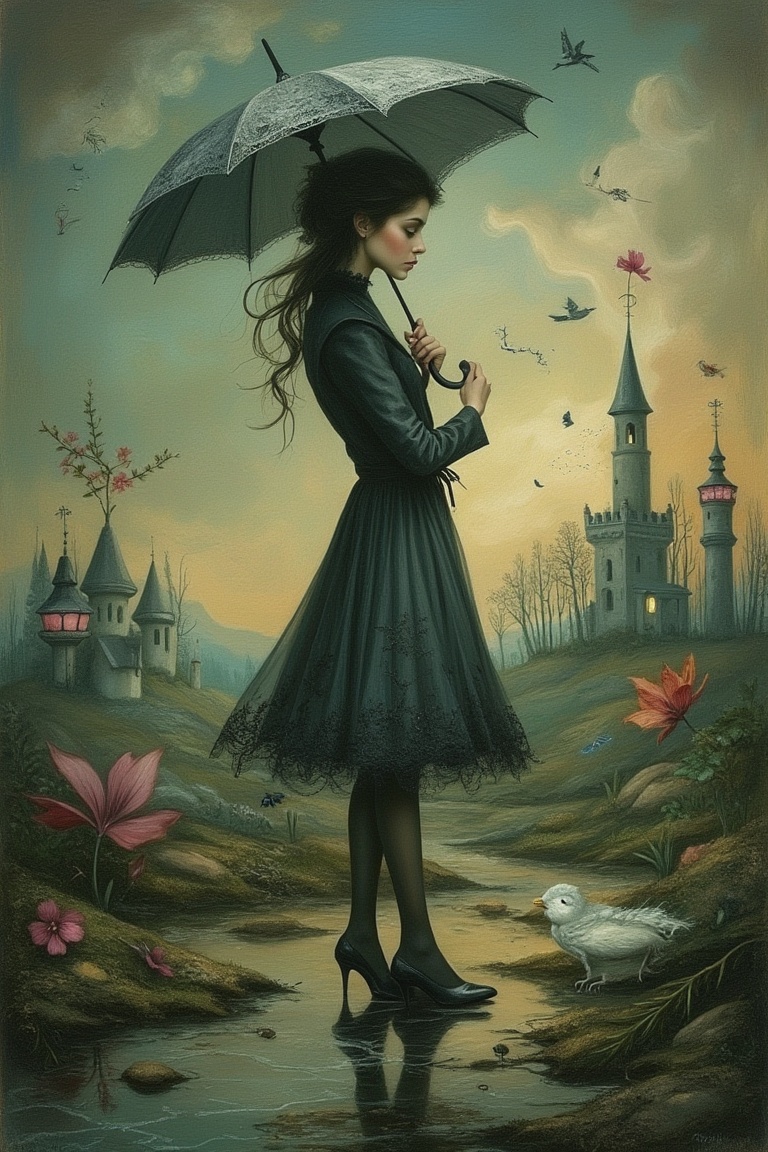 A whimsical scene inspired by Nicoletta Ceccoli and Daria Petrilli,  featuring a woman in a raincoat holding an umbrella....