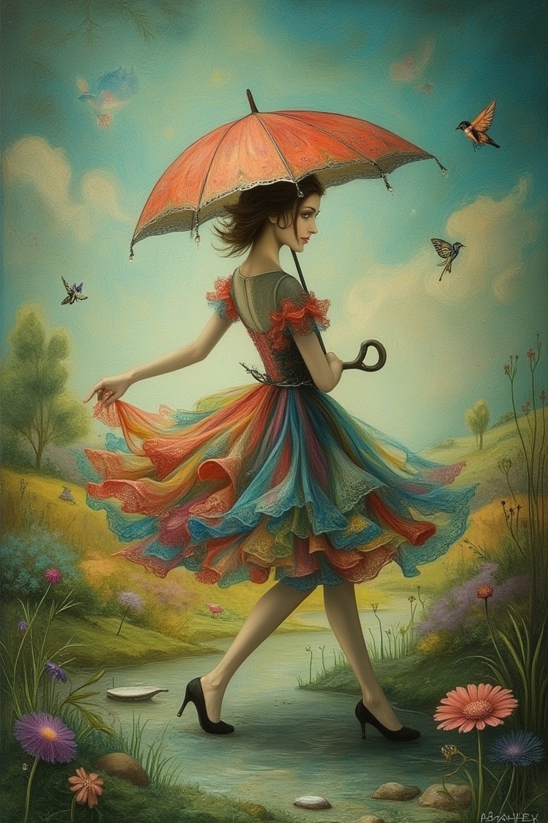 A whimsical scene inspired by Nicoletta Ceccoli and Daria Petrilli,  featuring a woman in a flowing,  colorful dress on Te...