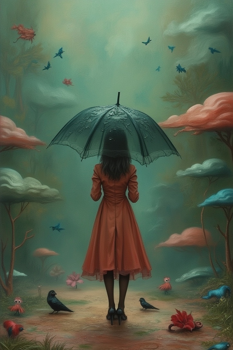 A whimsical scene inspired by Nicoletta Ceccoli and Daria Petrilli,  featuring a woman in a raincoat holding an umbrella....