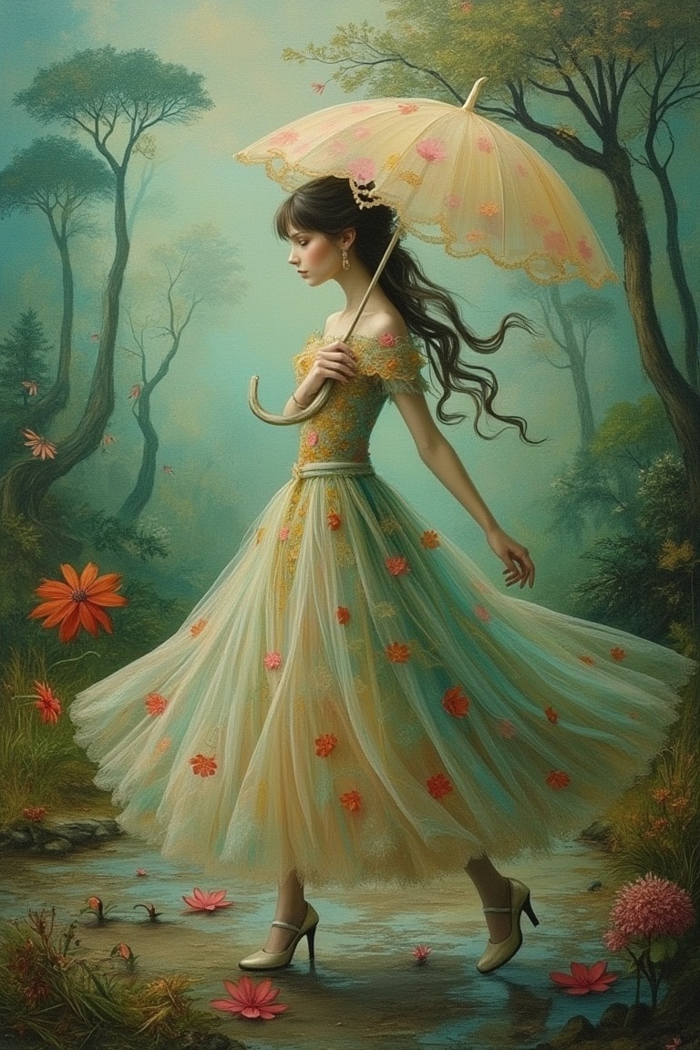A whimsical scene inspired by Nicoletta Ceccoli and Daria Petrilli,  featuring a woman in a flowing,  colorful dress on Te...