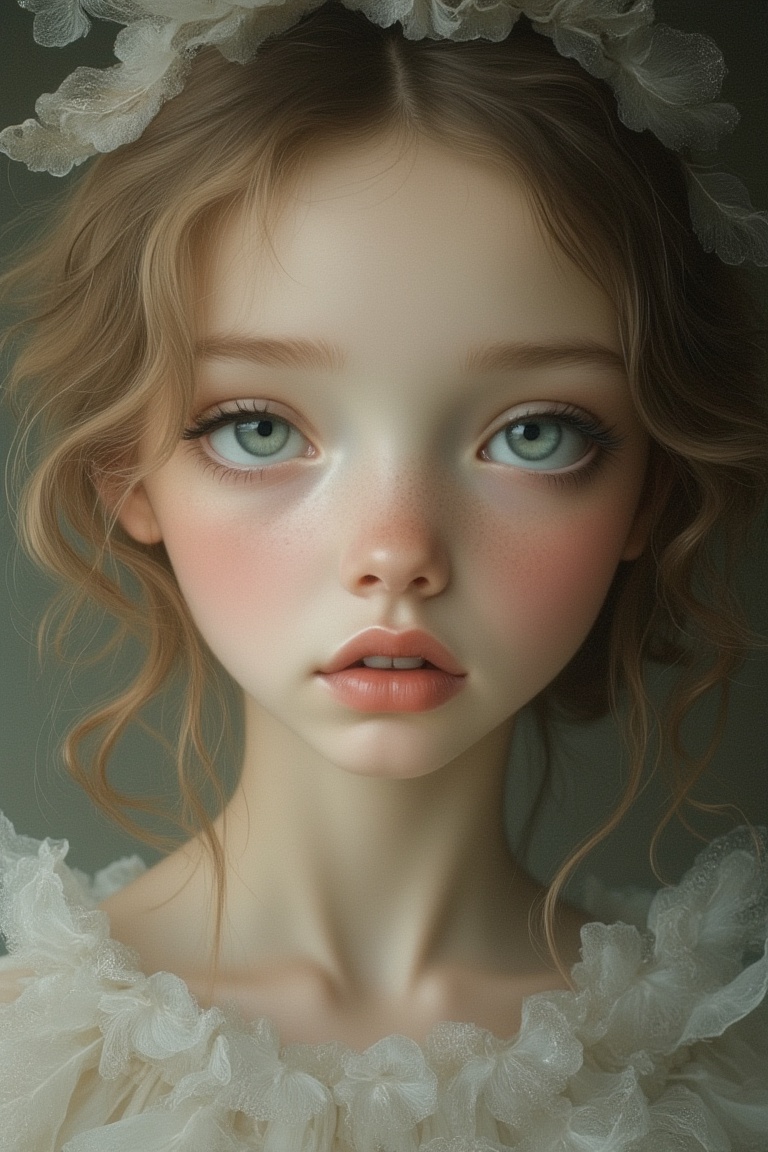 A close-up portrait inspired by Nicoletta Ceccoli and Daria Petrilli,  featuring a beauty princess with an ethereal,  deli...